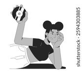 Stylish y2k black girl holding compact disc in relaxed pose black and white 2D line character. African american woman lounging with CD disk isolated vector outline person. Monochrome spot illustration
