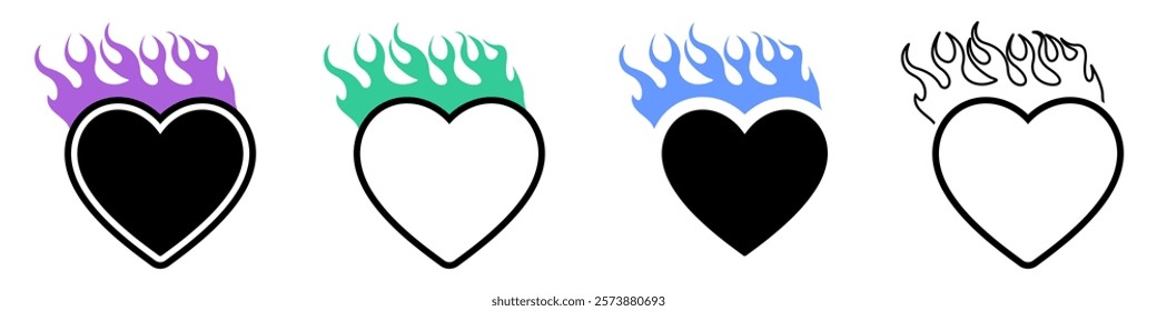 Stylish Y2K heart and flame vector, Gothic and acid neon acid tattoos, cyber sigilism love and trendy aesthetics for retro and modern projects.