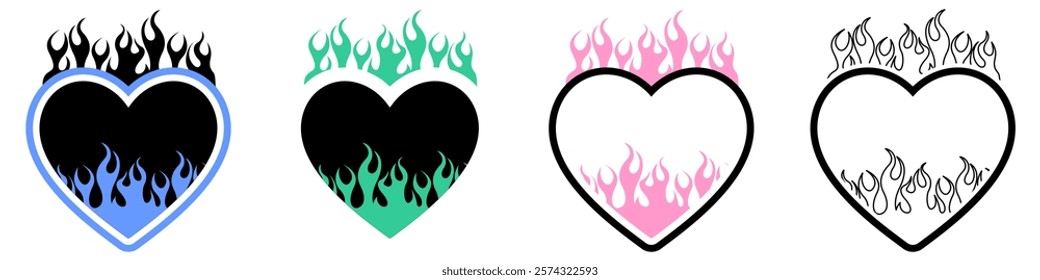 Stylish Y2K heart and flame vector, Gothic and acid neon acid tattoos, cyber sigilism love and trendy aesthetics for retro and modern projects.