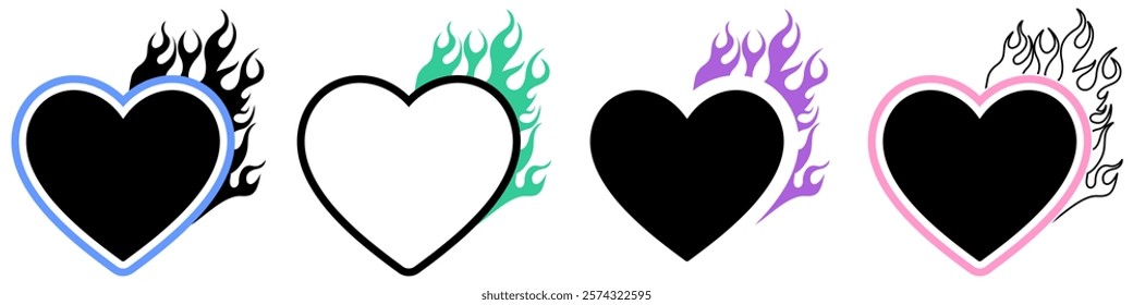 Stylish Y2K heart and flame vector, Gothic and acid neon acid tattoos, cyber sigilism love and trendy aesthetics for retro and modern projects.