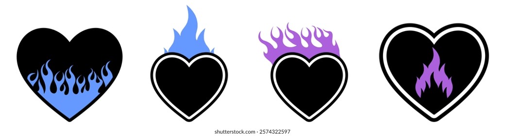 Stylish Y2K heart and flame vector, Gothic and acid neon acid tattoos, cyber sigilism love and trendy aesthetics for retro and modern projects.