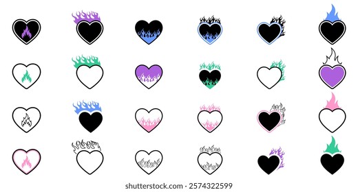 Stylish Y2K heart and flame vector, Gothic and acid neon acid tattoos, cyber sigilism love and trendy aesthetics for retro and modern projects.