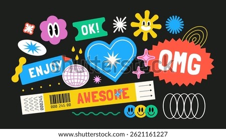 Stylish Y2K-Inspired Vector Stickers – Awesome Emojis, Labels, Patches for Trendy Designs, Perfect for Cool Teens, Fun Posters and Branding