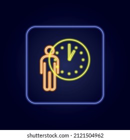 Stylish yellow neon icon in blue frame clock - Vector illustration
