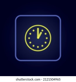 Stylish yellow neon icon in blue frame clock - Vector illustration