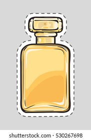 Stylish yellow perfume flacon for women. Cut it out. Illustration of isolated female odour in cartoon style. Nosegay in rectangular bottle with rounded corners. New scent. Fashion. Flat design. Vector