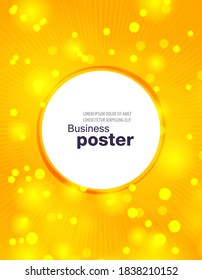 Stylish yellow poster with rays, bubbles and a button in the middle. Design layout template.