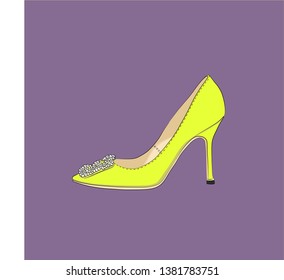 Stylish yellow shoes with heels. Fashion and style, clothing and accessories. Footwear. Vector illustration for a postcard or a poster, print for clothes. Vintage and retro