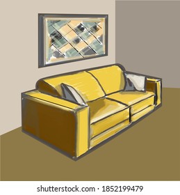 Stylish yellow soft sofa. Picture on the wall. Interior design. Traced watercolor drawing. Isolated vector objects.