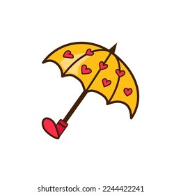 Stylish yellow umbrella with red hearts on white background