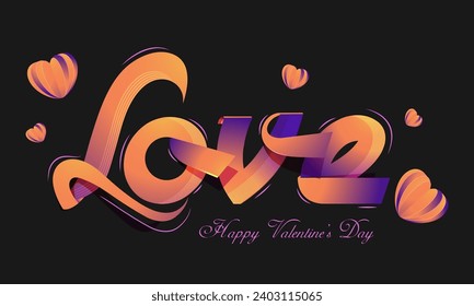 Stilvolles gelbes und violettes Farbpapier mit viel Liebe zum Schriftstil mit Herzformen auf schwarzem Hintergrund. Glückliches Valentinstag-Poster oder Kartendesign.