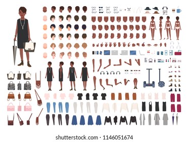 Stylish young African American lady DIY or animation kit. Bundle of female character body details, poses, gestures, elegant clothing isolated on white background. Flat cartoon vector illustration