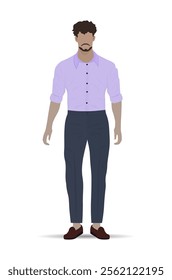 Stylish young African American man with a beard in a purple shirt and dark blue pants. Vector illustration. Not AI generated 