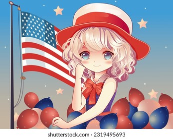 Stylish Young American Girl Character Wearing Top Hat and Standing with US Flag Pole in Colorful Balloons Background. National Festival Celebration Concept.