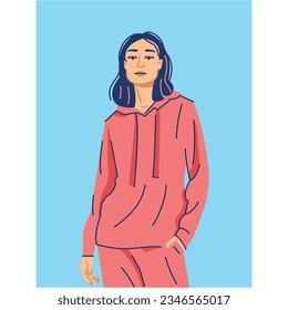 Stylish young asian woman dressed in sports clothes color concept. Fashionable casual outfit. Digital illustration for web page, mobile app, promo.