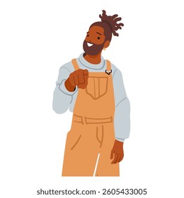 Stylish young bearded guy cartoon character with smile on face pointing with index finger picking you isolated on white background. Positive man showing hand gesture forward vector illustration