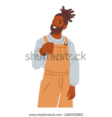 Stylish young bearded guy cartoon character with smile on face pointing with index finger picking you isolated on white background. Positive man showing hand gesture forward vector illustration