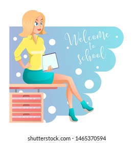 Stylish young beautiful teacher in elegant office clothes. Cute cartoon girl with documents in hand. Vector illustration on the white background, great design for any purposes.