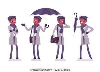 Stylish young black man negative emotions, wearing autumn clothes, classic short coat and accessories. Fall outfits for men concept. Vector flat style cartoon illustration isolated on white background