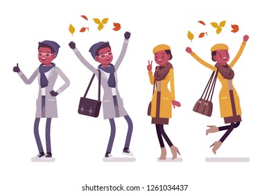 Stylish young black man, woman positive emotions, in autumn clothes, classic coat, accessories. Male, female fall outfits concept. Vector flat style cartoon illustration isolated, white background