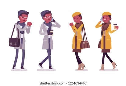 Stylish young black man, woman with feel cold in autumn day, wearing coat, accessories. Male and female fall outfits concept. Vector flat style cartoon illustration isolated, white background