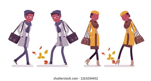 Stylish young black man, woman walking through autumn leaves, wearing classic coat, accessories. Male, female fall outfits concept. Vector flat style cartoon illustration isolated, white background