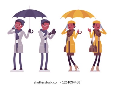Stylish young black man, woman with gadgets, wearing autumn clothes, classic coat, accessories. Male, female fall outfits concept. Vector flat style cartoon illustration isolated on white background