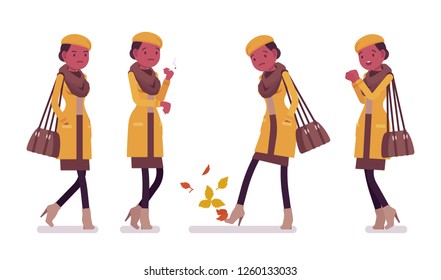 Stylish young black woman smoking, feeling cold, wearing autumn clothes, classic yellow coat, accessories. Fall outfits for women. Vector flat style cartoon illustration isolated, white background