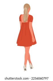Stylish young blonde woman wearing fashionable red dress for evening event, cocktail or party. Gorgeous girl standing back view. Fashion show model. Vector realistic illustration isolated on white.