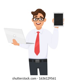 Stylish young business man holding laptop and showing blank screen tablet. Trendy person using or working computer. Male character design illustration. Modern technology, lifestyle in vector cartoon