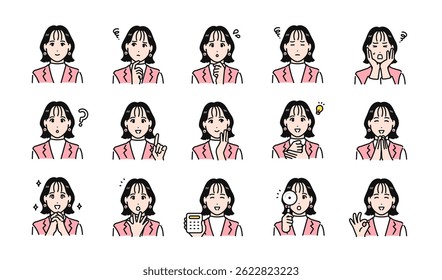 Stylish young business person facial expression illustration set