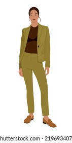 Stylish young business woman wearing formal green suit and brown loafers. Beautiful happy lady boss standing front view. Office look. Cartoon style vector realistic illustration. 