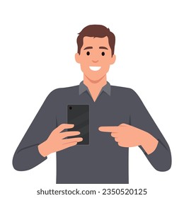 Joven empresario elegante con traje de chaleco que muestra celulares en blanco, teléfonos celulares y dedos señaladores. Persona de moda sostiene la pantalla del smartphone. Ilustración vectorial plana aislada en fondo blanco