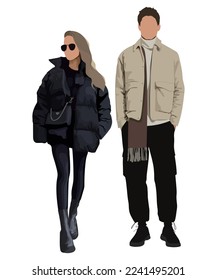 Stylish young couple in beautiful and fashionable clothes in flat style, vector illustration isolated on white background.