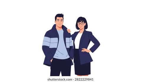 Stylish young couple standing together wearing modern winter jacket and elegant business suit on white background.