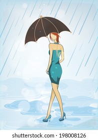 Stylish young fashionable girl walking in the rain and holding the umbrella, beautiful flyer or template design for Monsoon Season. 