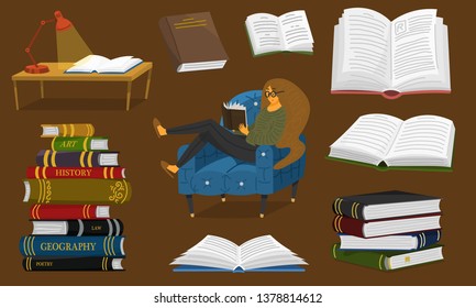 Stylish young female reading an open book. Lover of literature sits on the chair. Stack of encyclopedias and inverted pages. Symbols and objects in contemporary style. Vector illustration for posters.