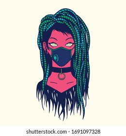 Stilvolles, junges Mädchen mit Dreadlocks mit medizinischer Maske. Virenschutz. Filtern. Helle farbige Vektorillustration Illustration von cyber-gotischem Mädchen in handgezeichnet Stil einzeln auf hellem Hintergrund. Pandemie.