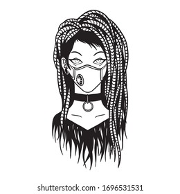 Stylish young girl with dreadlocks wearing medical mask. Virus protection. Filter. Monochrome vector illustration of cyber gothic girl in hand-drawn style isolated on white background. Pandemic.