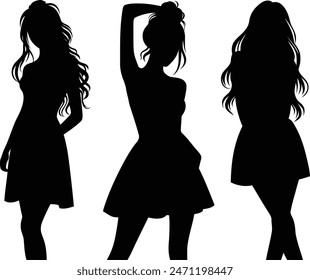 Stylish young girl silhouette vector illustration on a white background. Woman stand different poses. It is a vector file.