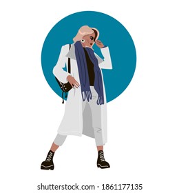 stylish young girl in a white coat and sunglasses. Brutal shoes. Blue scarf. Accessories earrings and bag. Style. Card. Vector stock illustration. Fashion. Stylization. White background