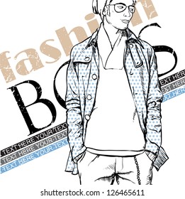 Stylish young guy on a grunge background. Vector illustration.