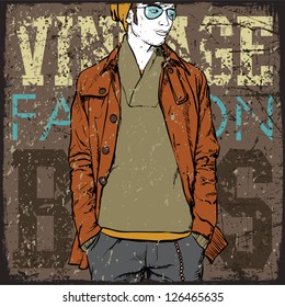Stylish young guy on a grunge background. Vector illustration.