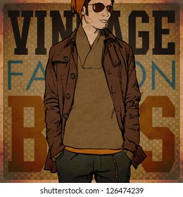 Stylish young guy on a grunge background. Vector illustration.