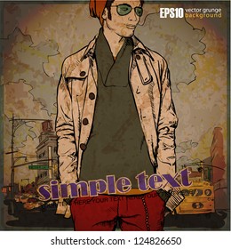 Stylish young guy  on a street-background. Vector illustration.