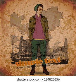 Stylish young guy  on a street-background. Vector illustration.