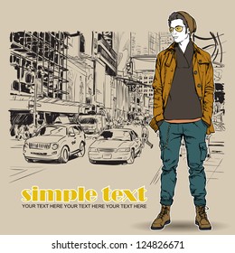 Stylish young guy  on a street-background. Vector illustration.