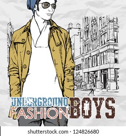 Stylish young guy  on a street-background. Vector illustration.