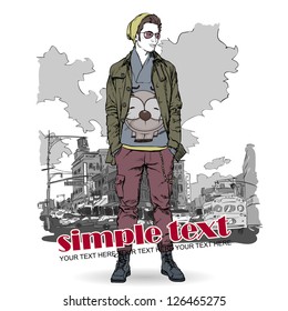 Stylish young guy  on a street-background. Vector illustration.
