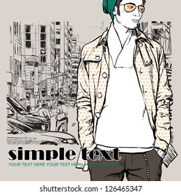 Stylish young guy  on a street-background. Vector illustration.